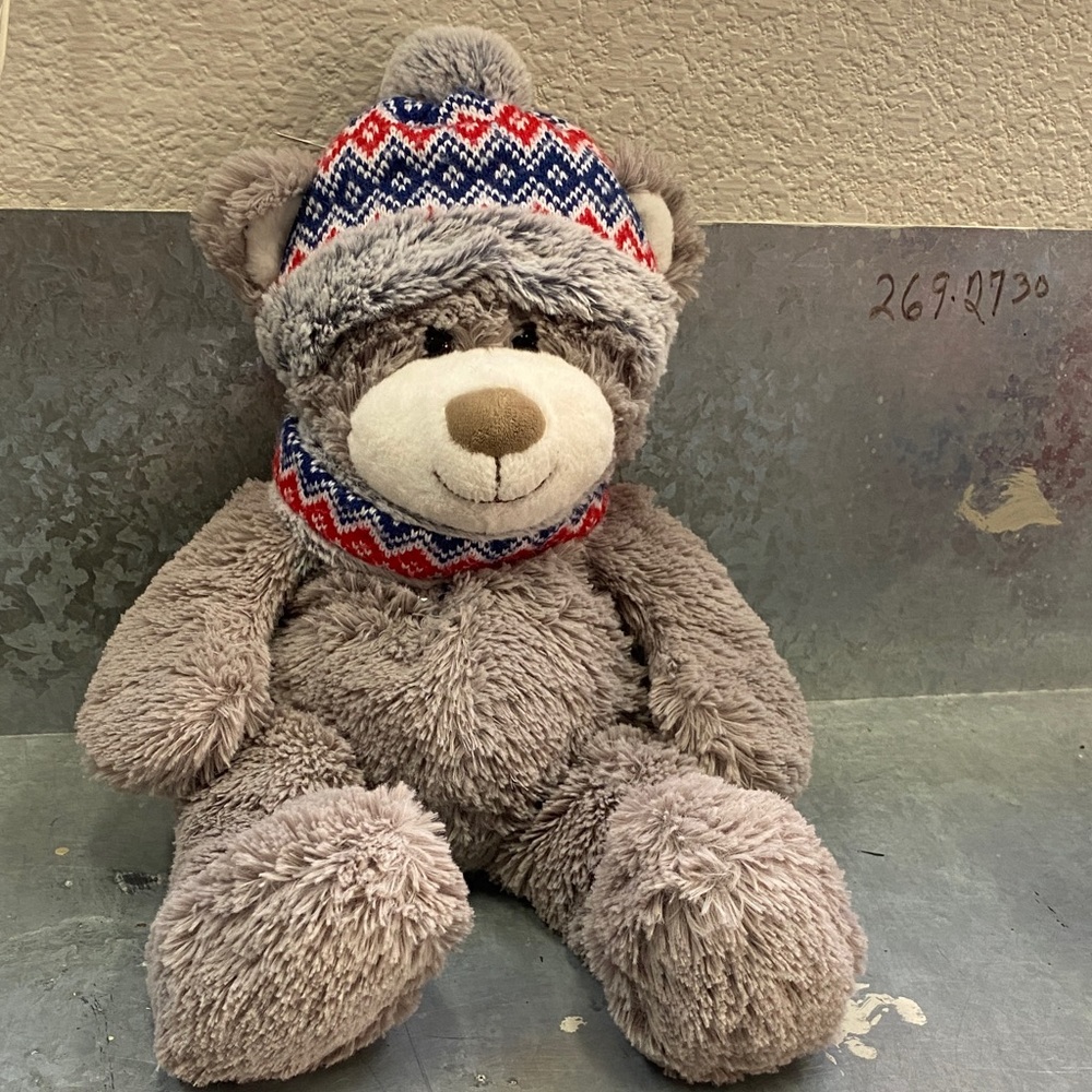 Cozy Gray Teddy Bear with Winter Hat and Scarf